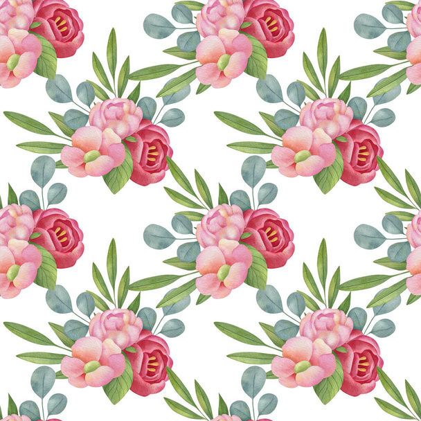 Watercolor floral seamless pattern on the light background. Hand-painted illustration with elegant flowers, leaves and buds.	 - Foto, afbeelding