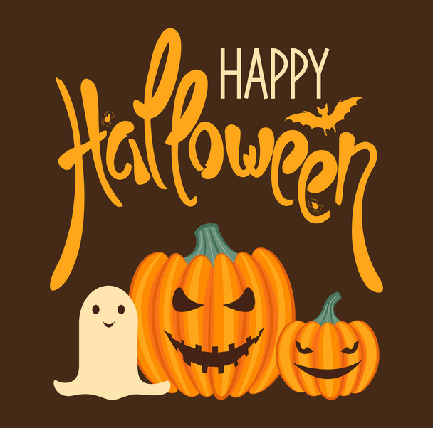 happy halloween card with pumpkins and ghost - Wektor, obraz