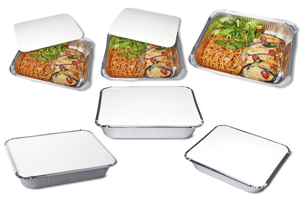 Metal Take Away Box for baked food Open with italian food and Closed. Isolated with clipping path - Photo, image