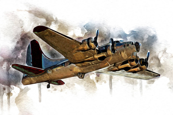 oud gevechtsvliegtuig geïsoleerd op witte achtergrond kunst vintage retro illustratie - Foto, afbeelding
