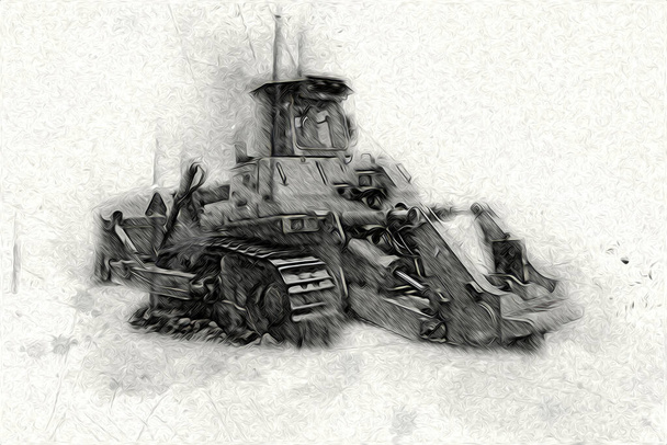 Bulldozer illustration color art grunge drawing vintage - Photo, Image