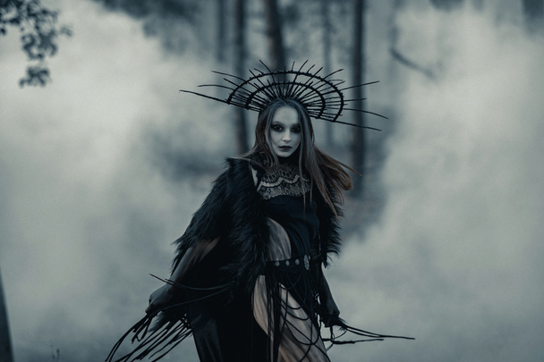 Young woman in image of witch walks in black dress and crown on her head across foggy forest. - Foto, Imagen