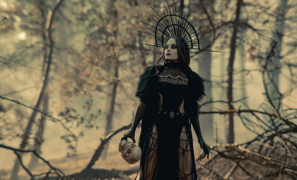 Jeune femme à l'image de sorcière marche en robe noire et couronne sur sa tête avec le crâne humain dans sa main à travers la forêt brumeuse. - Photo, image