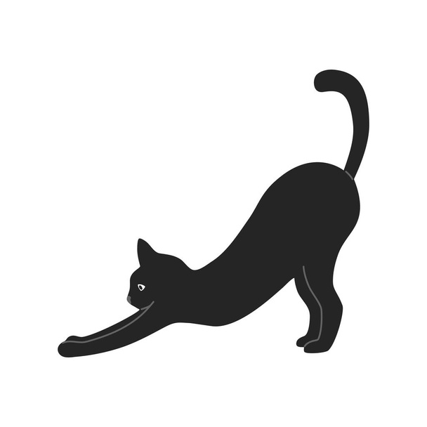 Silhouette of black shorthair cat bends, illustration in flat cartoon style.  Cute kitty pet, isolated on white background. - Vector, Image