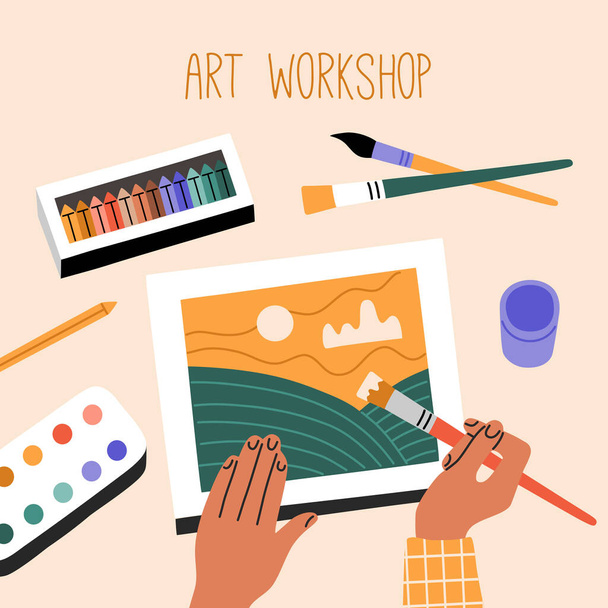 Top view on watercolor painting process, children draw, workshop educational courses for kids. Hand drawn template of illustration in modern cartoon flat style, isolated on beige background.  - Vector, Image