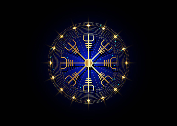 Хватка благоговіння, іцеландична магічна плита, золотий круглий вегевіарний рунічний компас. Символи вікінгів з метою захисту від хвороб. Старий норвезький золотий візок ізольований на темно - синьому - Вектор, зображення