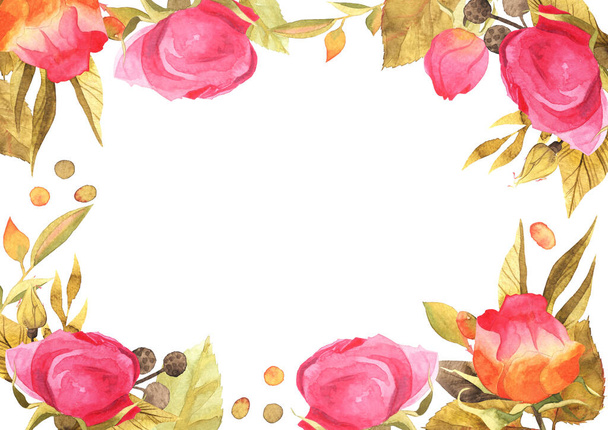 Акварельна квіткова рамка з трояндами для весільних запрошень, вітальних листівок та візиток. Яскрава квіткова рамка
. - Фото, зображення