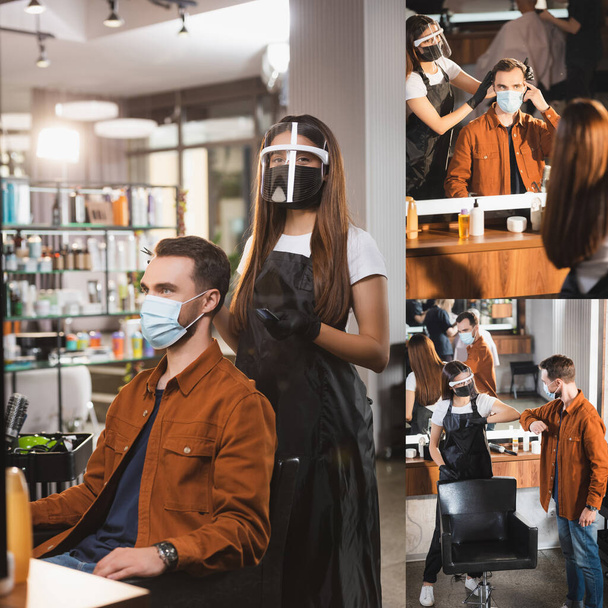 collage de peluquero en el escudo facial de pie cerca del cliente, tocándose el pelo, y golpeando los codos con el hombre - Foto, Imagen