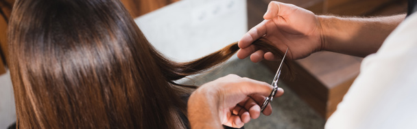 visión parcial de peluquero corte de pelo de la mujer en primer plano borrosa, bandera - Foto, Imagen