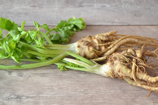 Fresh root celery with green stems Stock Photo by Olga_Kochina