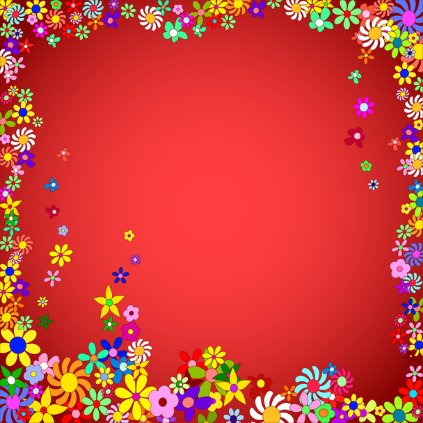 Frame of Colorful Flowers on a Red Background - Vector, Imagen
