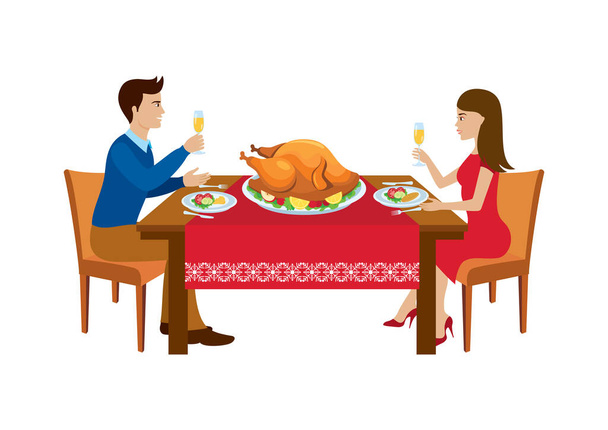 Onnellinen nuoripari kiitospäivän illallisella. Miehellä ja naisella on kiitospäivän ruokavektori. Rakastava pari syö kalkkunaa keittiön pöydän kuvakkeessa. Mies ja nainen juomassa samppanjaa kiitospäivänä vektori - Vektori, kuva