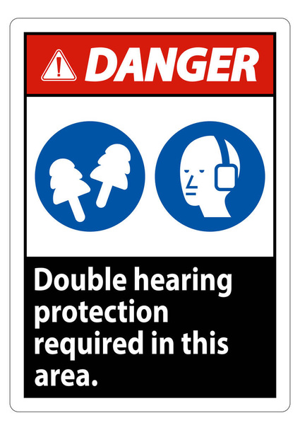 Segno di pericolo Doppia protezione acustica richiesta in questa zona con manicotti e tappi per le orecchie  - Vettoriali, immagini