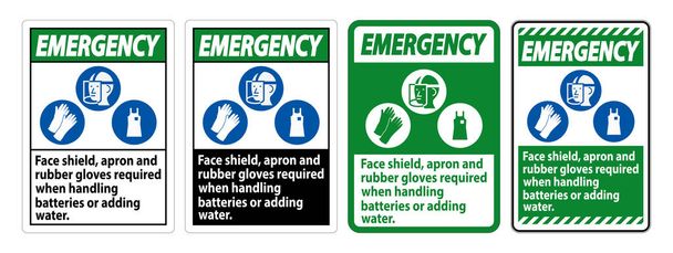 Nouzový štítek, zástěra a gumové rukavice při manipulaci s bateriemi nebo přidávání vody se symboly PPE  - Vektor, obrázek