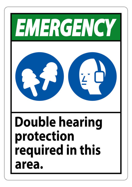 Hätämerkki Kaksinkertainen kuulonsuojaus vaaditaan tällä alueella korvakuulokkeilla ja korvatulpilla  - Vektori, kuva