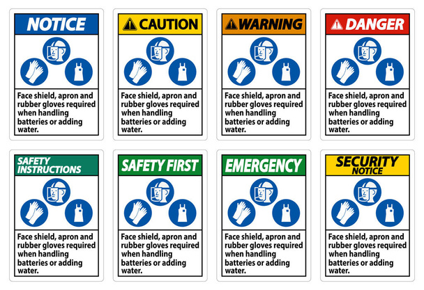 Escudo facial, delantal y guantes de goma necesarios al manejar baterías o agregar agua con símbolos PPE  - Vector, Imagen