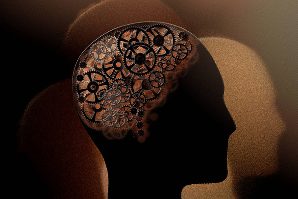 Renderização 3D de uma imagem conceitual de um cérebro humano feito de rodas dentadas. - Foto, Imagem