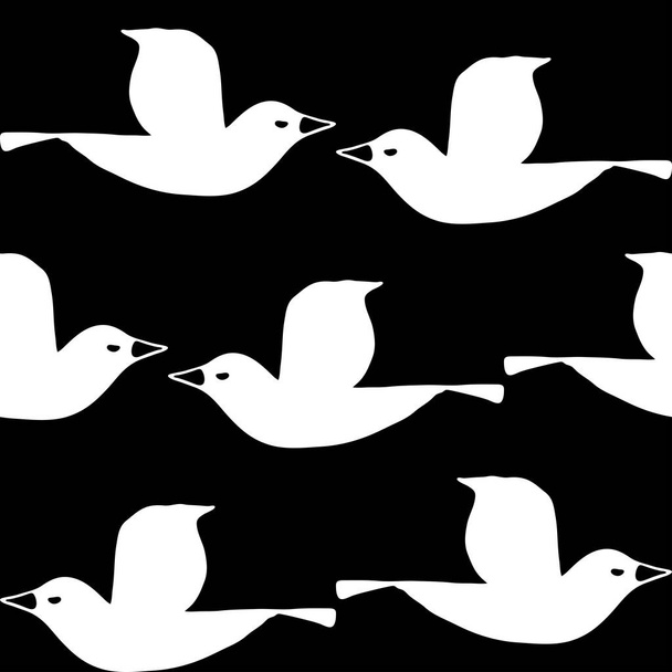 Modello vettoriale senza soluzione di continuità con uccelli bianchi su sfondo nero. Semplice disegno della carta da parati piccione. Decorazione domestica tessile moda. - Vettoriali, immagini