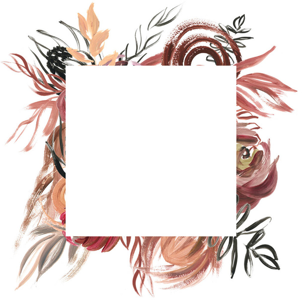 Marcos florales borgoña. Pintura acrílica, pintura al óleo, plantilla de boda con flores y hojas. Pintura moderna abstracta - Foto, imagen