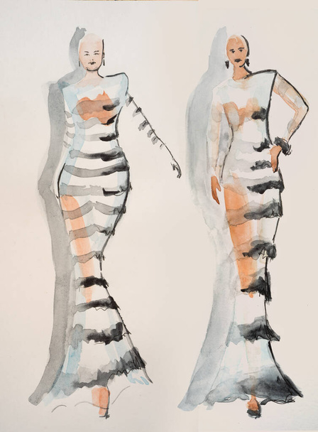 Dois modelos no pódio em vestidos listrados, desenhado à mão aquarela ilustração abstrata. - Foto, Imagem