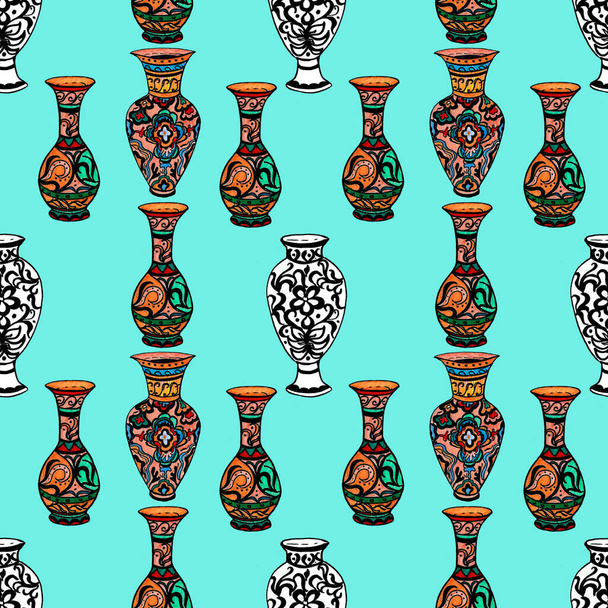 Chinese, Greek vases with ornaments. Hand-drawn illustration. Print, textiles, folk motives, traditions. Bright drawing. Ceramics, porcelain. Seamless pattern - Zdjęcie, obraz