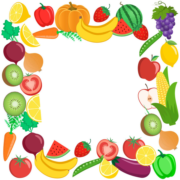 Verduras y frutas en un marco. Sandía, calabaza, zanahoria, tomate, manzana, cebolla, berenjena, plátano, fresa, remolacha, pimienta, maíz, guisantes, kiwi, limón, uvas Vector illustration - Vector, Imagen