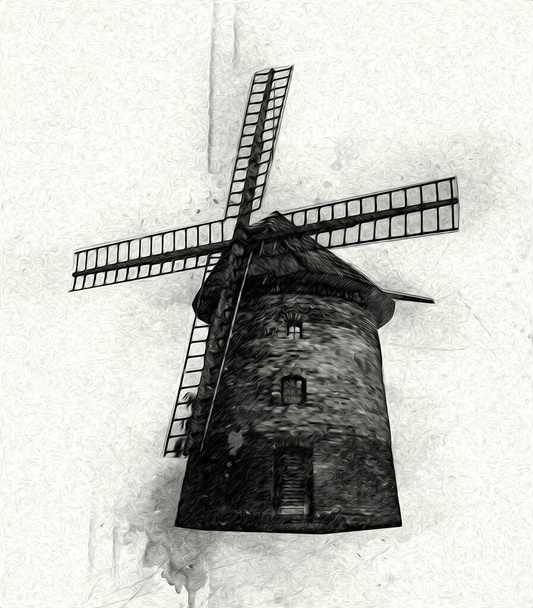 風車旧レトロヴィンテージドローイングイラストアート - 写真・画像