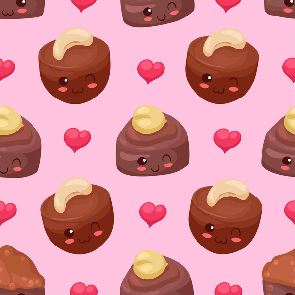 Csokoládé Candy Nuts karakterek szív zökkenőmentes mintát. Boldog mosolygós édes élelmiszer vektor illusztráció világos rózsaszín háttér. Kártya, csomagolópapír, pólólenyomat. Imádnivaló desszert koncepció. - Vektor, kép