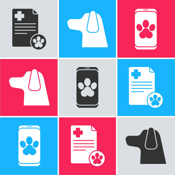 Zestaw Clipboard z medycznym zwierzęciem rekord kliniczny, Pies i Online symbol kliniki weterynaryjnej ikona. Wektor. - Wektor, obraz