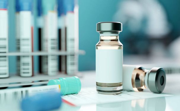 A generic medical vaccine vial bottle in a laboratory setting. 3D illustration background. - Foto, imagen