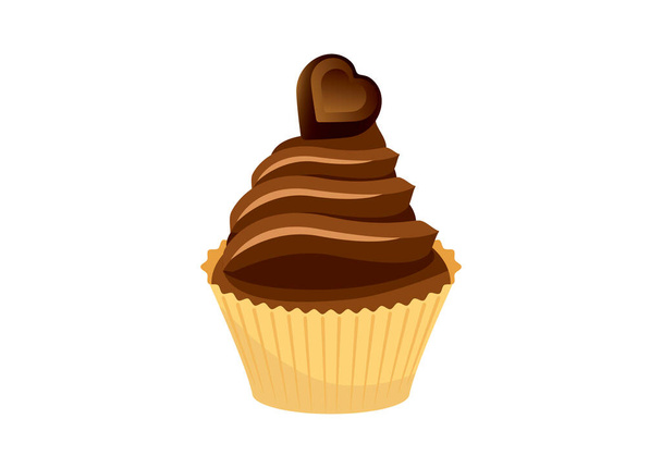 Chocolate cupcake with chocolate heart icon vector. Cupcake with chocolate cream icon isolated on a white background. Delicious chocolate cupcake vector - Vector, Image