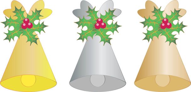 Zestaw trzech kolorowych dzwonków noworocznych i świątecznych ozdobionych kokardką, jemiołą i jagodami - Wektor, obraz