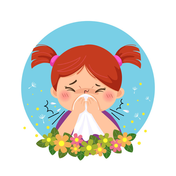 Vektor illusztráció rajzfilm kislány allergiás pollen. Egészségügyi problémák fogalma. - Vektor, kép