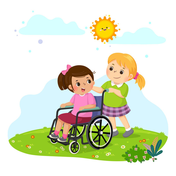 Векторная иллюстрация маленькой девочки, толкающей свою подругу в инвалидном кресле. - Вектор,изображение