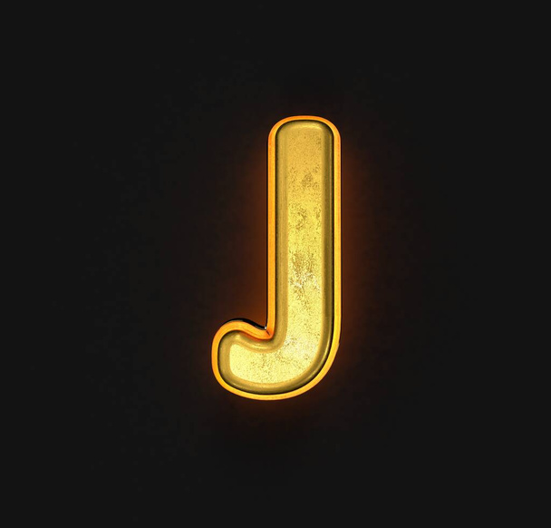 aged gold metallic alphabet with orange outline and backlight - letter J isolated on black, 3D illustration of symbols - Zdjęcie, obraz
