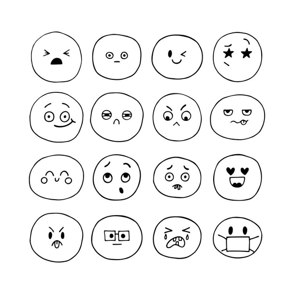 Emoji-kuvakkeet. Happy käsin piirretty hauska hymiö kasvot. Piirretyt ilmeet asetettu. Kokoelma sarjakuva emotionaalinen merkkiä. Kawaijin tyyliin. Vektoriesimerkki - Vektori, kuva