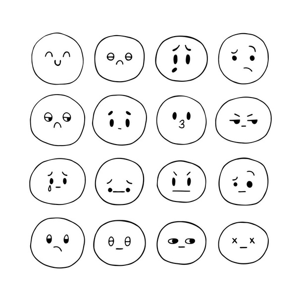 Handgezeichnete lustige Smiley-Gesichter. Skizzierte Mimik gesetzt. Sammlung emotionaler Comicfiguren. Emoji-Symbole. Kawaii-Stil. Vektorillustration - Vektor, Bild