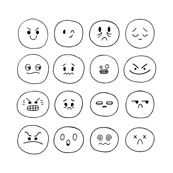 Ręcznie rysowane śmieszne uśmiechnięte twarze. Wyrażenia twarzy narysowane. Ikony Emoji. Kolekcja postaci emocjonalnych z kreskówek. W stylu Kawajów. Ilustracja wektora - Wektor, obraz