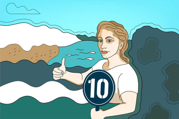 Psihologysche Illustration über Selbstvertrauen, Stolz, Mut, Zuversicht. Mädchen auf Reisen in den Bergen über dem Meer, eroberte Höhen - Foto, Bild