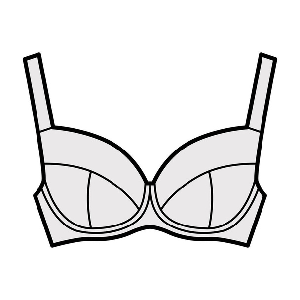 Bra full support lingerie technical fashion illustration with full adjustable wide shoulder straps, hook-and-eye closure - Vector, Image