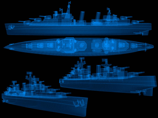 Military ship 3d wireframe with thin blue lines. Navy futuristic hologram on black background. 3d illustration - Photo, Image
