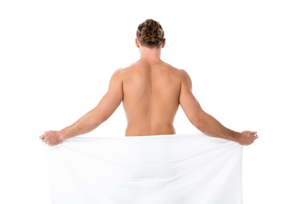 back view of sexy shirtless man in towel posing isolated on white - Fotografie, Obrázek