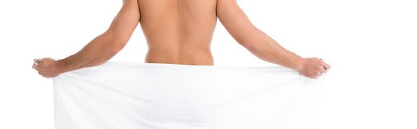 vista trasera del hombre sexy sin camisa en la toalla posando aislado en blanco, pancarta - Foto, imagen