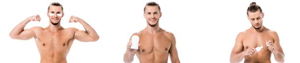 colagem de sorrir homem sem camisa sexy com desodorizante isolado no branco, banner - Foto, Imagem