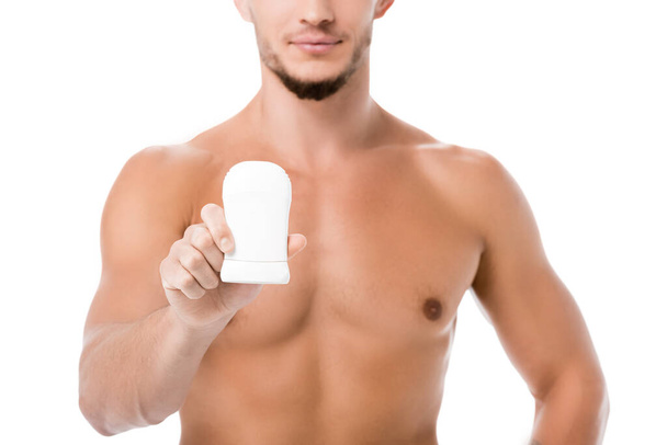 cropped view of sexy shirtless man with deodorant isolated on white - Fotografie, Obrázek