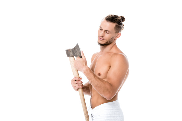 sexy shirtless man in towel posing with ax isolated on white - Photo, Image