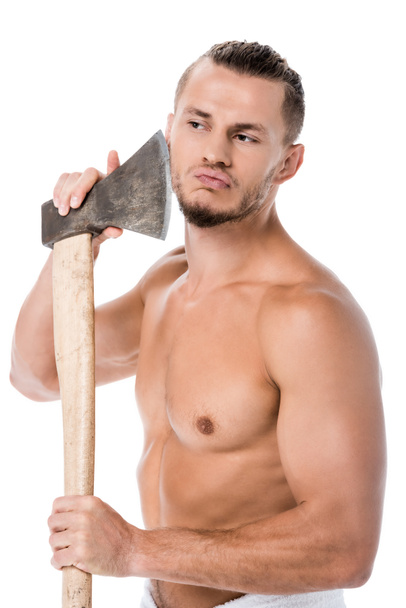 sexy shirtless man in towel shaving with ax isolated on white - Foto, Bild