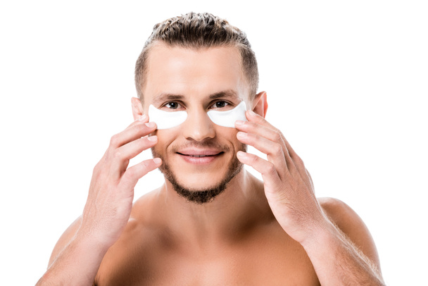 sexy shirtless man eye patches on face isolated on white - Фото, изображение