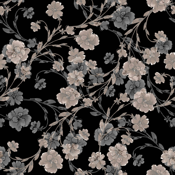 Watercolor branch flowers on black background. Floral seamless pattern  for decorations. - Photo, image