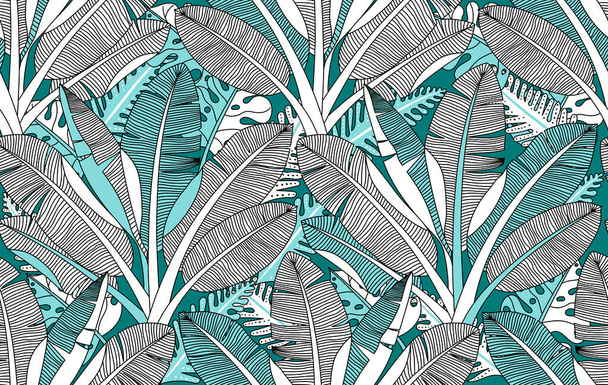 Subtropical jungles vector pattern. Exotical tropical jungle leaves, palm foliage seamless wallpaper background. Botanical exotic banana palm tree illustration. - Vector, Imagen